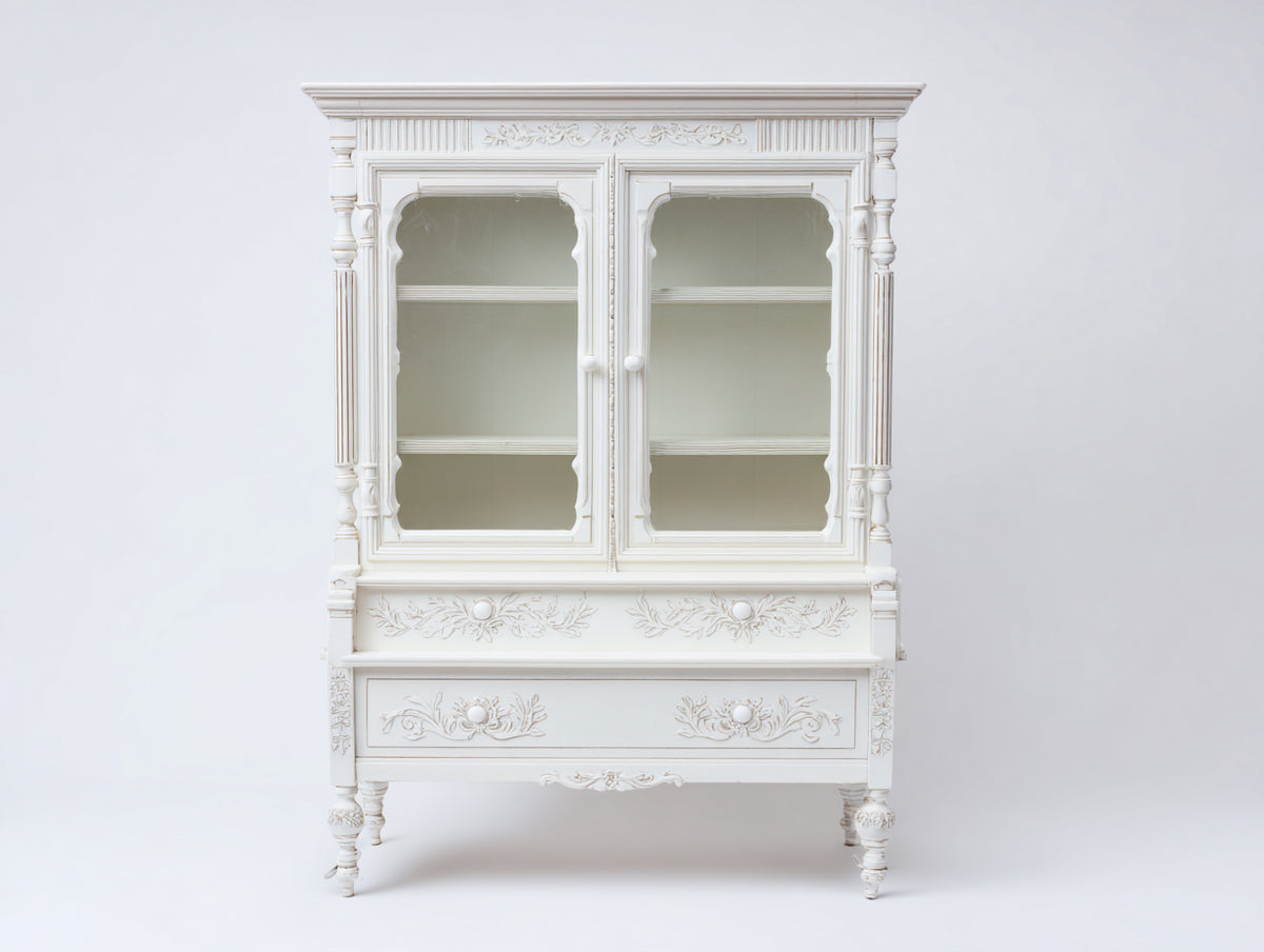 Vitrine Massivholz 120x40x200 cm - Weiß mit Glastüren und Schubladen im klassischen Stil