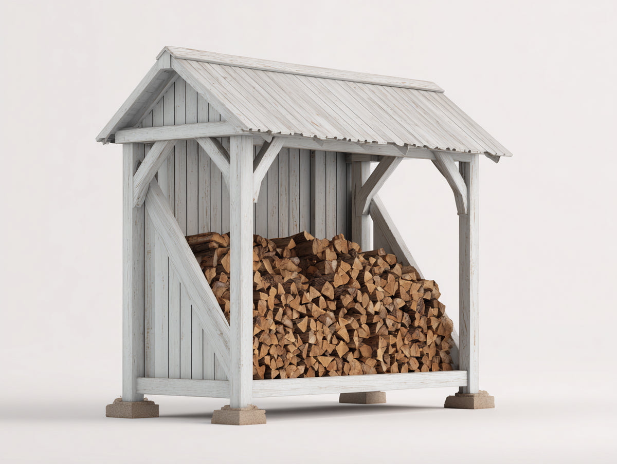 Kaminholzregal aus Holz 180x80x185 cm Weiß - Überdacht - Teilweise geschlossene Seiten