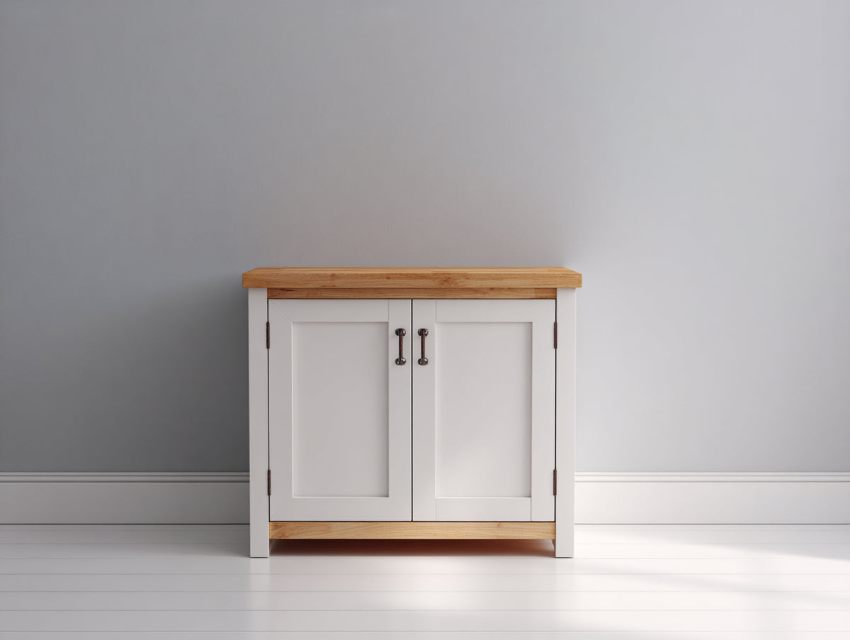 Sideboards Holz 100x40x85 cm - Weiß-Naturholz - kompaktes Landhausdesign mit 2 Türen