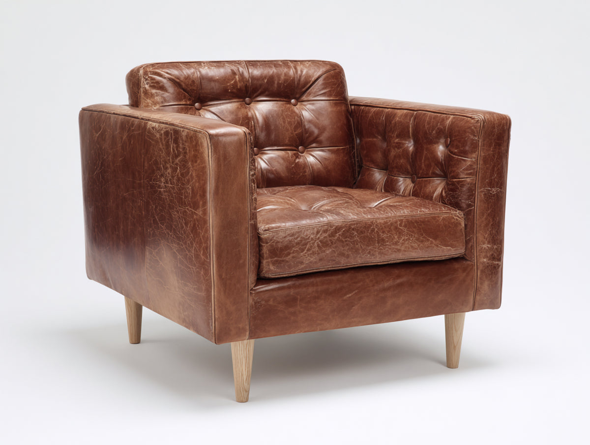 Sessel mit Lederbezug 90x85x85 cm Braun - Knopfheftung - Klassisches Design