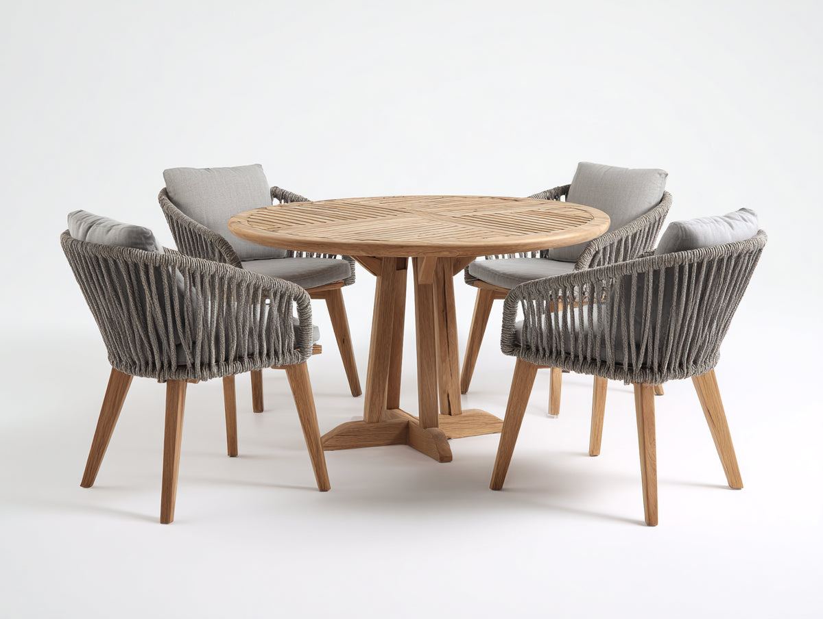 Garten Essgarnituren - Holz und Seilgeflecht - Tisch 120 x 120 x 75 cm - Naturholz-Grau - 5-teiliges Gartenmöbelset mit rundem Tisch und 4 Sesseln