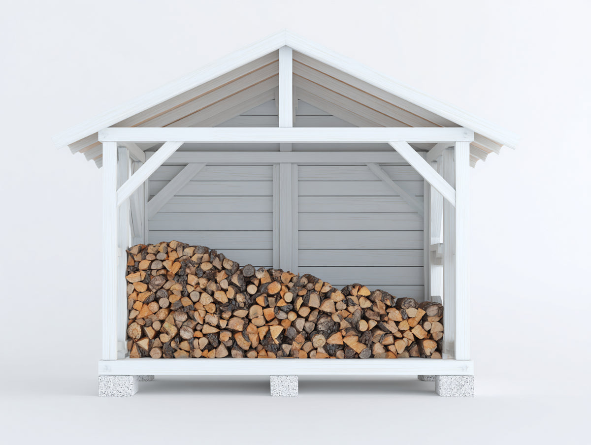 Kaminholzregal - Holz - 220 x 85 x 205 cm - Weiß-Grau - Großes Brennholzregal mit Satteldach und offener Front