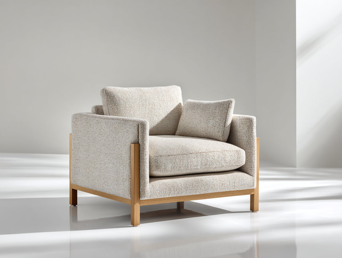 Sessel Stoff und Holz 105x95x85 cm - Beige-Naturholz - moderner Loungesessel mit breiter Sitzfläche