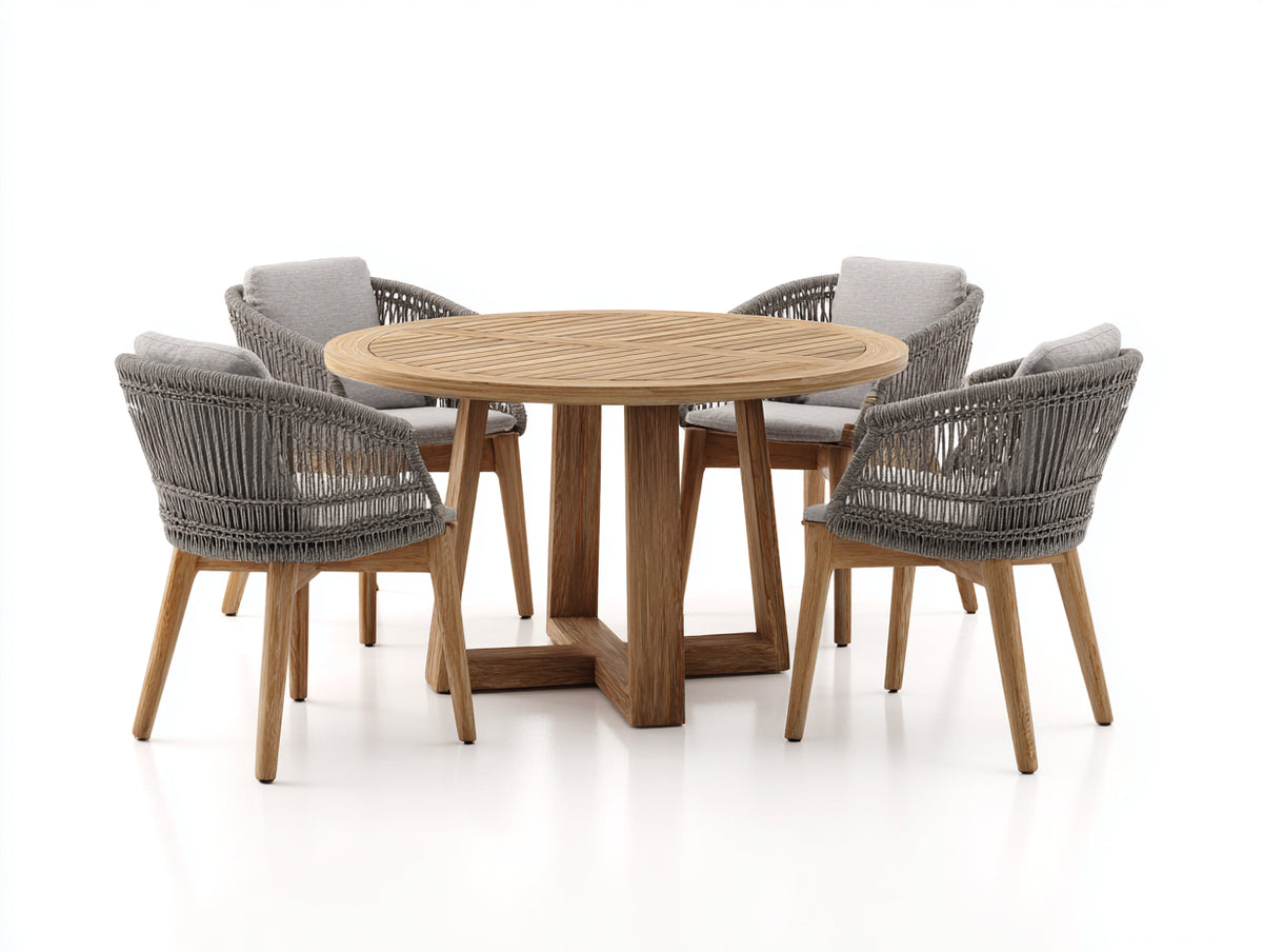 Garten Essgarnituren aus Holz und Geflecht 150x150x75 cm Natur Grau - 5-teilig - Runde Tischgruppe