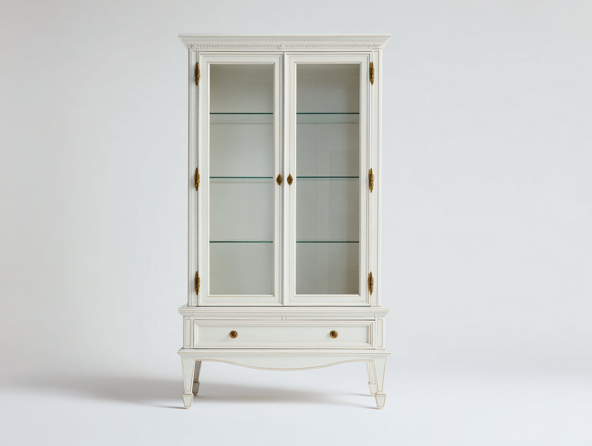 Vitrinen Holzwerkstoff und Glas 100x45x195 cm - Cremeweiß-Gold - Klassisches Design mit 2 Glastüren und 1 Schublade