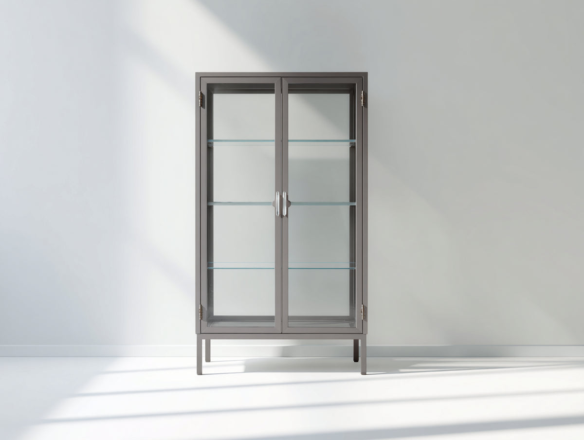 Vitrinen Metall und Glas 90x40x180 cm - Grau - modernes Design mit 2 Glastüren