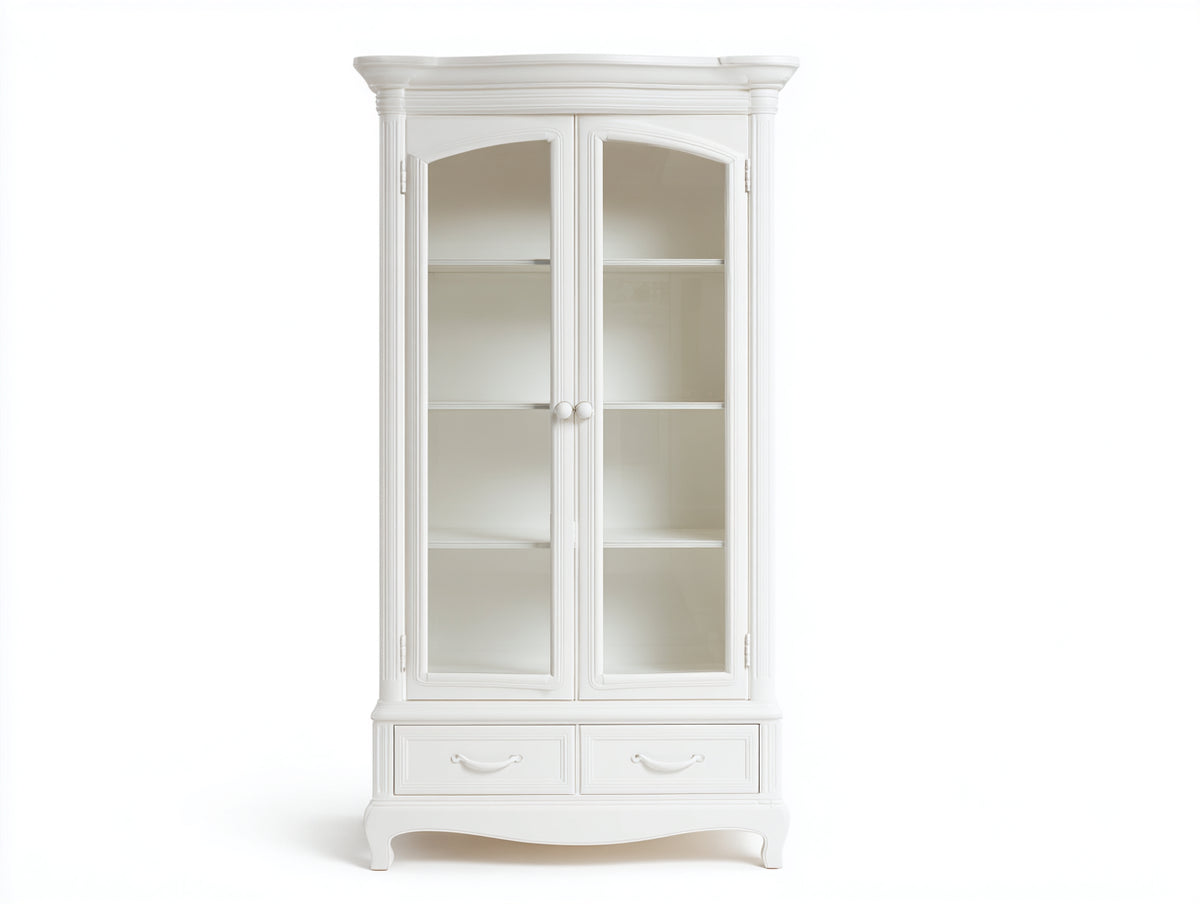 Vitrinen Holz und Glas 100x45x195 cm - Weiß - klassisches Design mit 2 Glastüren und 2 Schubladen