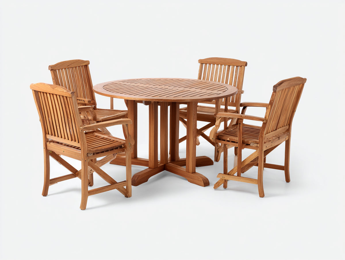 Garten Essgarnituren Holz 120x120x75 cm - Naturholz - 5-teiliges Set mit rundem Tisch und 4 Armlehnstühlen
