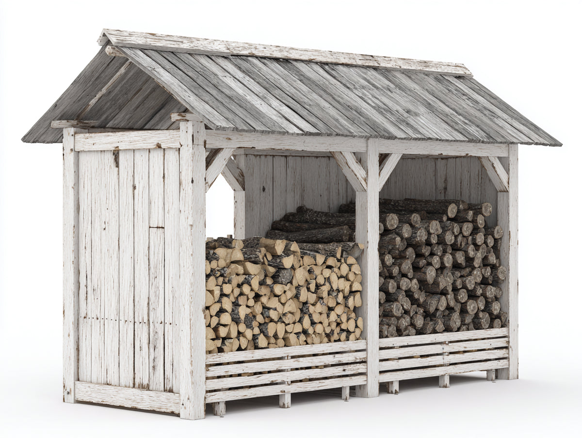 Kaminholzregal - Holz - 240 x 100 x 210 cm - Weiß-Grau - Großes Brennholzregal mit Satteldach und 2 Lagerbereichen