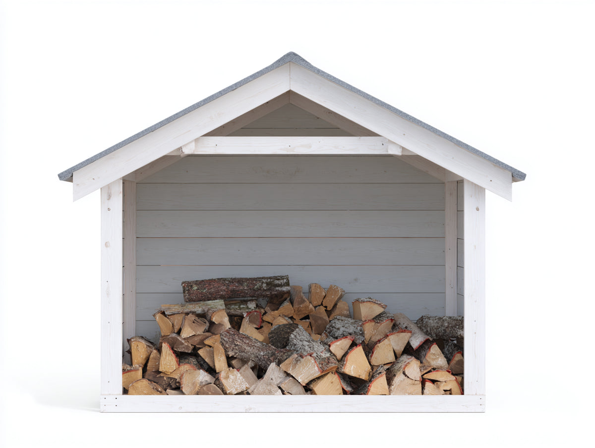 Kaminholzregal aus Holz 180x70x180 cm Weiß Grau - Überdacht - Offene Front