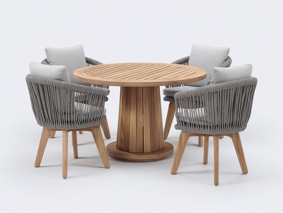 Garten Essgarnituren Holz und Geflecht 120x120x75 cm - Naturholz-Grau - 5-teiliges Set mit rundem Tisch und 4 Sesseln