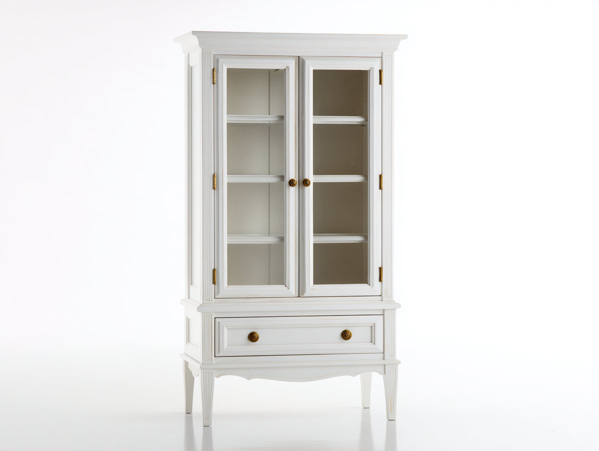 Vitrine Massivholz 100x40x190 cm - Weiß mit Glastüren und Schublade im klassischen Landhausstil