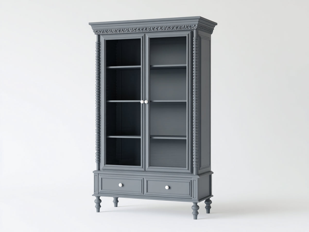 Vitrine Massivholz 100x40x190 cm - Grau mit Glastüren und Schubladen im klassischen Landhausstil